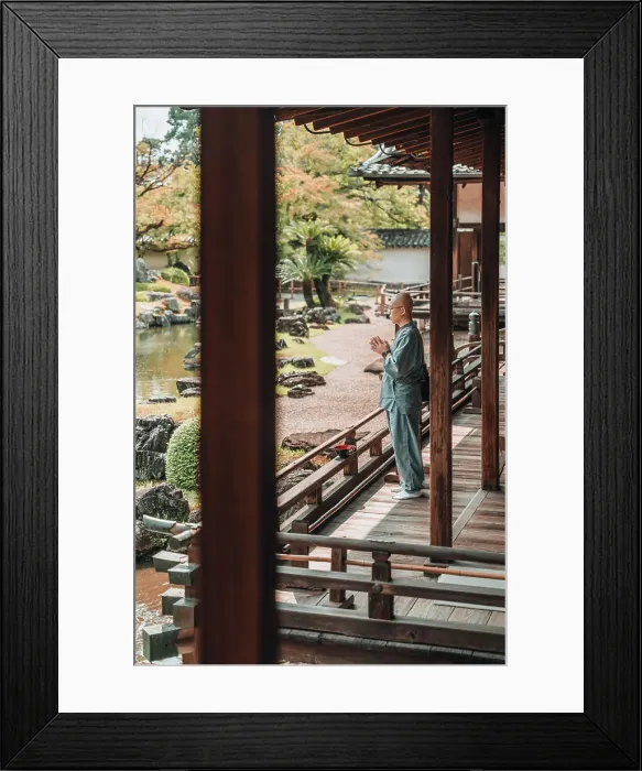 Framed Print : Buddhist monk prays in front of the Japanese zen garden of Daigo-ji Temple, Kyoto, Japan Framed Print : Buddhist monk prays in front of the Japanese zen garden of Daigo-ji Temple, Kyoto, Japan