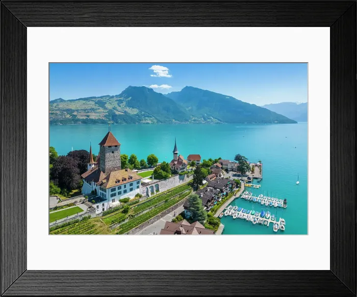 Framed Print : Aerial view of Spiez Castle on shores of lake Thun in summer. Bernese Oberland, Frutigen-Niedersimmental administrative district, Canton of Bern, Switzerland Framed Print : Aerial view of Spiez Castle on shores of lake Thun in summer. Bernese Oberland, Frutigen-Niedersimmental administrative district, Canton of Bern, Switzerland
