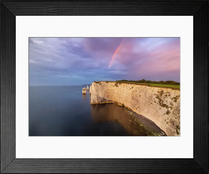 Framed Print : Rainbow at Sunrise at Old Harry Rocks during summer, Handfast Point, Purbeck isle, Dorset, England, United Kingdom Framed Print : Rainbow at Sunrise at Old Harry Rocks during summer, Handfast Point, Purbeck isle, Dorset, England, United Kingdom