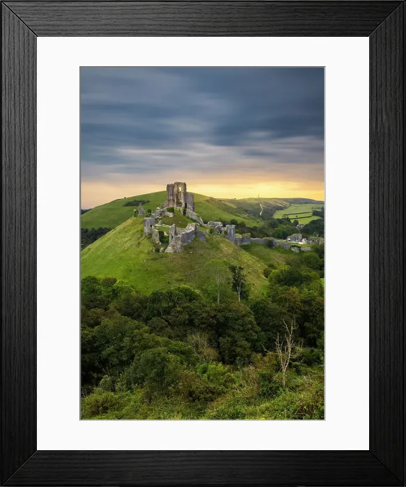 Framed Print : Corfe Castle portrayed from hills at sunrise, Corfe Castle, Purbeck, Dorset, England, United Kingdom Framed Print : Corfe Castle portrayed from hills at sunrise, Corfe Castle, Purbeck, Dorset, England, United Kingdom