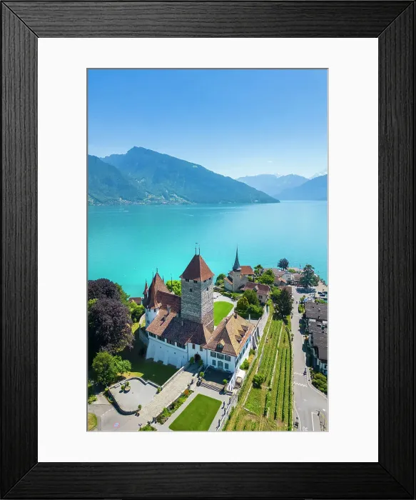 Framed Print : Aerial view of Spiez Castle on shores of lake Thun in summer. Bernese Oberland, Frutigen-Niedersimmental administrative district, Canton of Bern, Switzerland Framed Print : Aerial view of Spiez Castle on shores of lake Thun in summer. Bernese Oberland, Frutigen-Niedersimmental administrative district, Canton of Bern, Switzerland