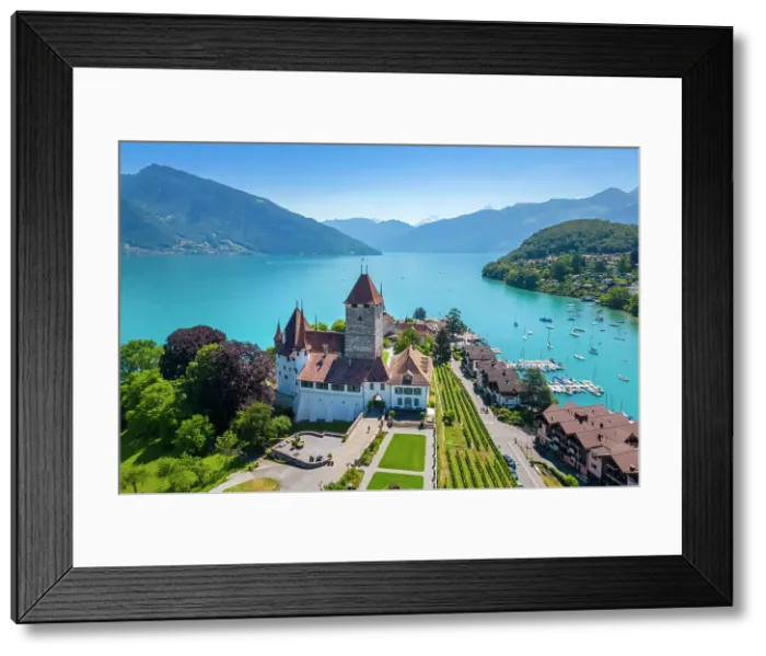 Framed Print : Aerial view of Spiez Castle on shores of lake Thun in summer. Bernese Oberland, Frutigen-Niedersimmental administrative district, Canton of Bern, Switzerland Framed Print : Aerial view of Spiez Castle on shores of lake Thun in summer. Bernese Oberland, Frutigen-Niedersimmental administrative district, Canton of Bern, Switzerland