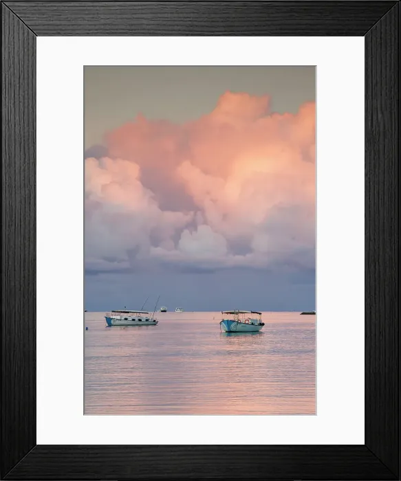 Framed Print : Boats at sunset on a tropical island, North Ari Atoll, the Maldives Framed Print : Boats at sunset on a tropical island, North Ari Atoll, the Maldives