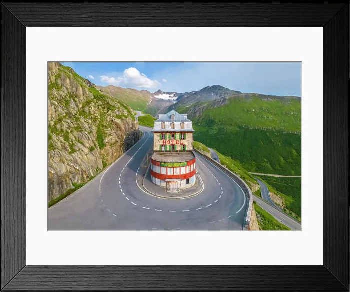 Framed Print : Aerial view of the Belvedere Hotel and the Furka Pass road, famous for a scene of the James Bond film Goldfinger, a high mountain pass in the Swiss Alps connecting Gletsch, Valais with Realp, Uri. Obergoms, Canton of Valais, Swiss Alps, Switzerland Framed Print : Aerial view of the Belvedere Hotel and the Furka Pass road, famous for a scene of the James Bond film Goldfinger, a high mountain pass in the Swiss Alps connecting Gletsch, Valais with Realp, Uri. Obergoms, Canton of Valais, Swiss Alps, Switzerland