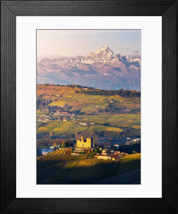 Framed Print : Grinzane Cavour and Monviso at sunrise during autumn, Cuneo, Langhe and Roero, Piedmont, Italy, Southern Europe