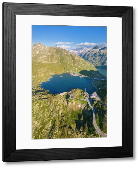 Framed Print : Aerial view of the Totensee at the top of Grimselpass, connecting Guttannen in Berna Canton to Oberwald in Canton of Valais. Obergoms, Canton of Valais, Swiss Alps, Switzerland Framed Print : Aerial view of the Totensee at the top of Grimselpass, connecting Guttannen in Berna Canton to Oberwald in Canton of Valais. Obergoms, Canton of Valais, Swiss Alps, Switzerland