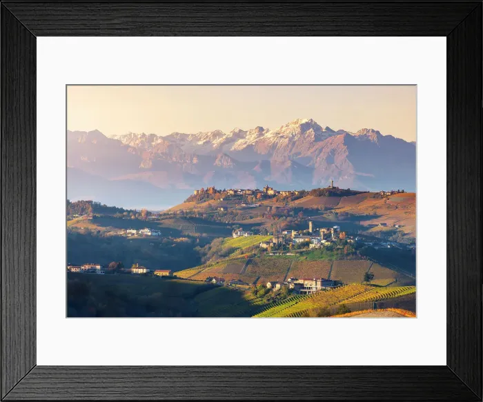 Framed Print : Castiglione Falletto and mountains in backgroung at sunrise during autumn, Cuneo, Langhe and Roero, Piedmont, Italy, Southern Europe Framed Print : Castiglione Falletto and mountains in backgroung at sunrise during autumn, Cuneo, Langhe and Roero, Piedmont, Italy, Southern Europe