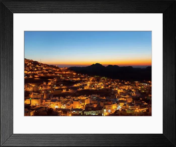 Framed Print : The town of Wadi Musa illuminated at twilight, Ma'an Governorate, Jordan, Middle East. It is the nearest town to the Nabatean archaeological site of Petra