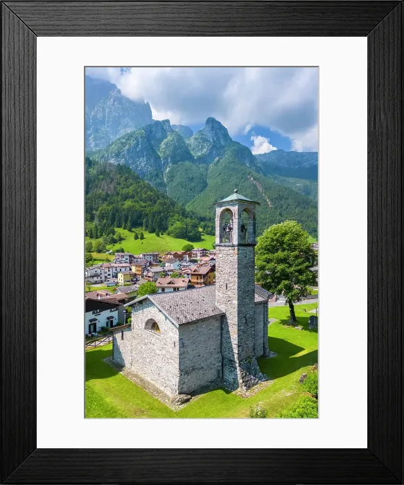Framed Print : Aerial view of the small church called Cesulì in Colere town with view of the north face of the Presolana mountain in summer. Colere, Val di Scalve, Bergamo district, Lombardy, Italy Framed Print : Aerial view of the small church called Cesulì in Colere town with view of the north face of the Presolana mountain in summer. Colere, Val di Scalve, Bergamo district, Lombardy, Italy