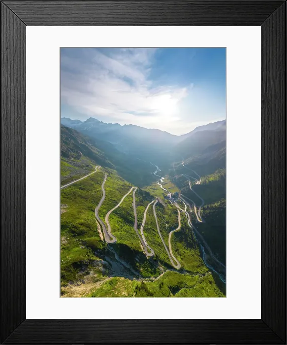 Framed Print : Aerial view of the Grimselstrasse connecting with Furkastrasse and Furkapass at sunrise. Obergoms, Canton of Valais, Swiss Alps, Switzerland Framed Print : Aerial view of the Grimselstrasse connecting with Furkastrasse and Furkapass at sunrise. Obergoms, Canton of Valais, Swiss Alps, Switzerland