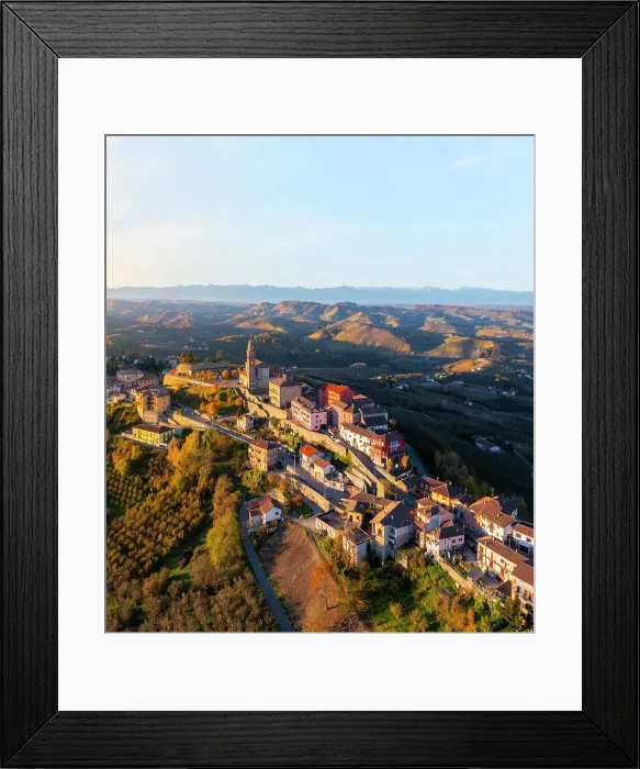 Framed Print : Aerial view of Diano D'Alba at sunrise during autumn, Cuneo, Langhe and Roero, Piedmont, Italy, Southern Europe Framed Print : Aerial view of Diano D'Alba at sunrise during autumn, Cuneo, Langhe and Roero, Piedmont, Italy, Southern Europe