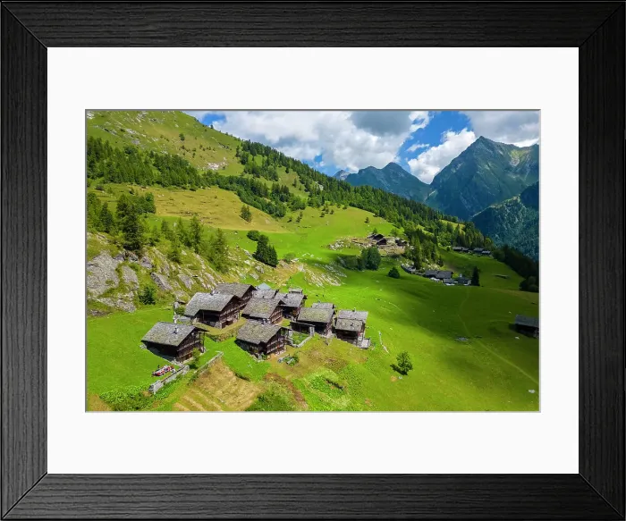 Framed Print : Aerial view of walser huts in Alpe Otro. Alagna, Valsesia, Vercelli province, Piedmont, Italy Framed Print : Aerial view of walser huts in Alpe Otro. Alagna, Valsesia, Vercelli province, Piedmont, Italy