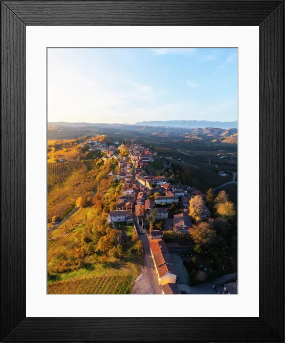 Framed Print : Aerial view of Diano D'Alba at sunrise during autumn, Cuneo, Langhe and Roero, Piedmont, Italy, Southern Europe Framed Print : Aerial view of Diano D'Alba at sunrise during autumn, Cuneo, Langhe and Roero, Piedmont, Italy, Southern Europe