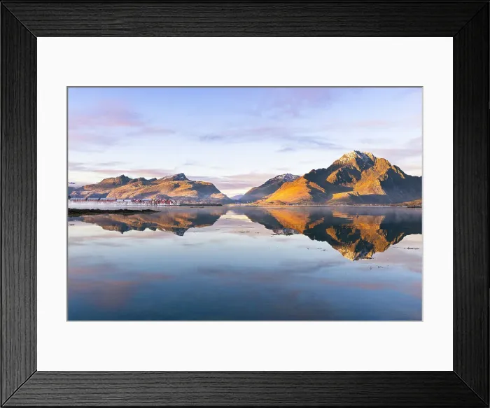 Framed Print : Mountains and rorbuer reflected in a Fjord during sunset, Leknes, Vestvagoy, Nordland, Lofoten Islands, Norway Framed Print : Mountains and rorbuer reflected in a Fjord during sunset, Leknes, Vestvagoy, Nordland, Lofoten Islands, Norway