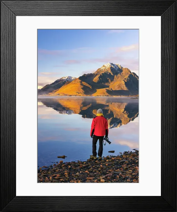 Framed Print : A photographer observes mountains and rorbuer in a Fjord during sunset, Leknes, Vestvagoy, Nordland, Lofoten Islands, Norway (MR) Framed Print : A photographer observes mountains and rorbuer in a Fjord during sunset, Leknes, Vestvagoy, Nordland, Lofoten Islands, Norway (MR)