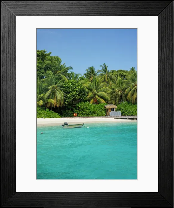 Framed Print : Boat on the turquoise waters of the Indian Ocean, golden sands and tropical palm trees on an island in North Ari Atoll, the Maldives Framed Print : Boat on the turquoise waters of the Indian Ocean, golden sands and tropical palm trees on an island in North Ari Atoll, the Maldives