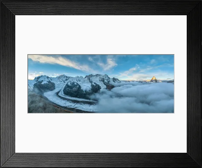 Framed Print : Panorama of the iconic Gornergrat Gletscher, Monte Rosa and Matterhorn in a foggy morning, Zermatt, Canton of Valais, Switzerland Framed Print : Panorama of the iconic Gornergrat Gletscher, Monte Rosa and Matterhorn in a foggy morning, Zermatt, Canton of Valais, Switzerland
