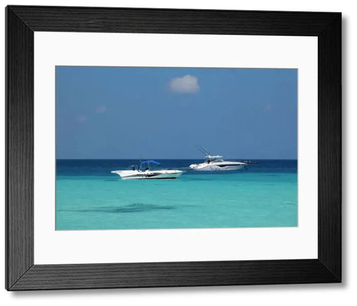Framed Print : Boats on the turquoise waters of the Indian Ocean, North Ari Atoll, the Maldives