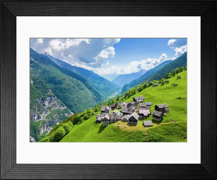 Framed Print : Aerial view of the small mountain walser town of Salecchio Superiore in spring. Premia, Valle Antigorio, Verbano Cusio Ossola, Piedmont, Italy Framed Print : Aerial view of the small mountain walser town of Salecchio Superiore in spring. Premia, Valle Antigorio, Verbano Cusio Ossola, Piedmont, Italy