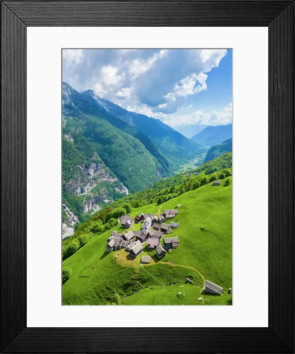 Framed Print : Aerial view of the small mountain walser town of Salecchio Superiore in spring. Premia, Valle Antigorio, Verbano Cusio Ossola, Piedmont, Italy