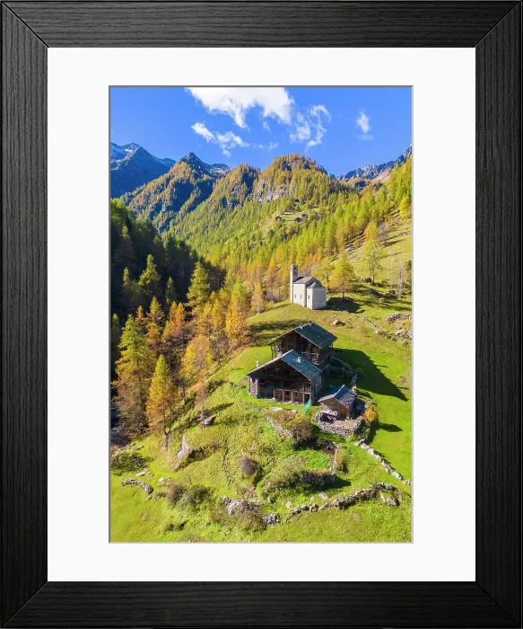 Framed Print : Aerial view of the Peccia, a small walser village in Val Vogna, Riva Valdobbia, Valsesia, Vercelli province, Piedmont, Italy Framed Print : Aerial view of the Peccia, a small walser village in Val Vogna, Riva Valdobbia, Valsesia, Vercelli province, Piedmont, Italy