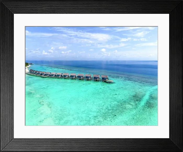 Framed Print : Aerial view of a beautiful tropical island in the Indian Ocean, North Ari Atoll, the Maldives