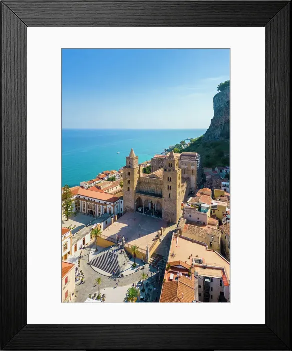 Framed Print : Aerial view of the ancient town of Cefalu, Unesco World Heritage site, Palermo district, Sicily, Italy