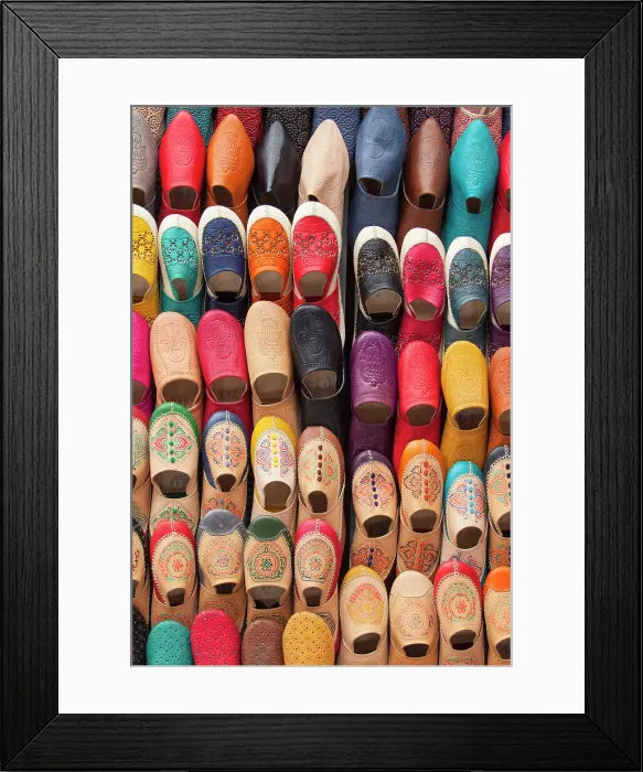 Framed Print : Babouches colorful traditional Moroccan slippers on sale in a shop of the medina of Fez, Morocco. The medina of Fes was declared UNESCO World Heritage Site in 1981 Framed Print : Babouches colorful traditional Moroccan slippers on sale in a shop of the medina of Fez, Morocco. The medina of Fes was declared UNESCO World Heritage Site in 1981
