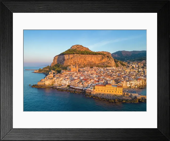 Framed Print : Aerial view of the ancient town of Cefalu, Unesco World Heritage site, at sunset. Palermo district, Sicily, Italy