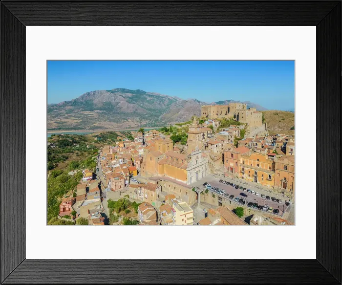 Framed Print : Aerial view of the ancient church and castle of Caccamo, Palermo district, Sicily, Italy Framed Print : Aerial view of the ancient church and castle of Caccamo, Palermo district, Sicily, Italy