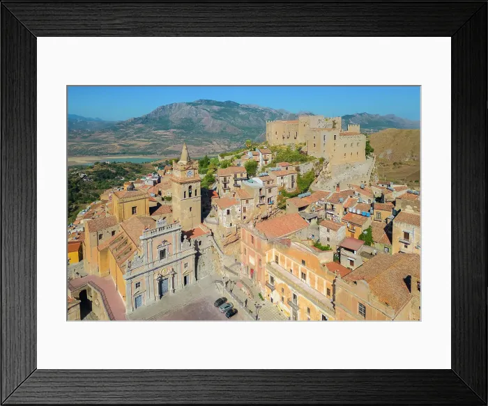 Framed Print : Aerial view of the ancient church and castle of Caccamo, Palermo district, Sicily, Italy Framed Print : Aerial view of the ancient church and castle of Caccamo, Palermo district, Sicily, Italy