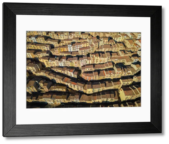 Framed Print : Aerial view of the labyrinthine houses of the old town of Gangi, Palermo district, Sicily, Italy