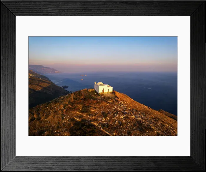 Framed Print : Iconic white church of San Costanzo on top of the mountain surrounding Amalfi coast, Punta Campanella, Ieranto bay, Nerano, Amalfi coast, Naples province, Campania, Italy Framed Print : Iconic white church of San Costanzo on top of the mountain surrounding Amalfi coast, Punta Campanella, Ieranto bay, Nerano, Amalfi coast, Naples province, Campania, Italy