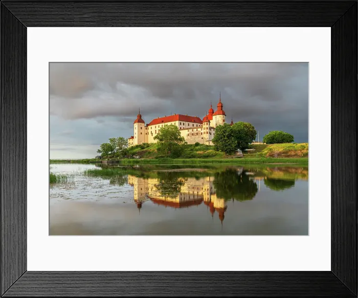 Framed Print : Baroque Lacko castle and its reflection in the water of Vanem lake at sunset, Kallandso island, Lidkoping municipality, Gotaland, Sweden Framed Print : Baroque Lacko castle and its reflection in the water of Vanem lake at sunset, Kallandso island, Lidkoping municipality, Gotaland, Sweden