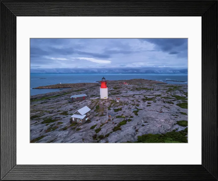 Framed Print : Aerial view of Hallo island with the lighthouse, dusk time, Smogen, Bohuslan, Sotenas municipality, Vastra Gotaland, West Sweden, Sweden Framed Print : Aerial view of Hallo island with the lighthouse, dusk time, Smogen, Bohuslan, Sotenas municipality, Vastra Gotaland, West Sweden, Sweden