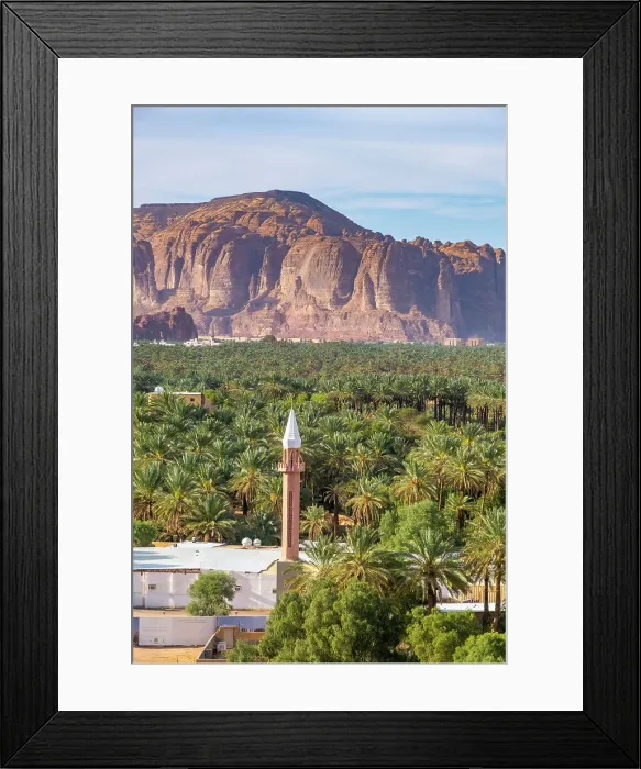 Framed Print : Mosque minaret & Date palms in the Oasis of Al-Ula, Medina Province, Saudi Arabia Framed Print : Mosque minaret & Date palms in the Oasis of Al-Ula, Medina Province, Saudi Arabia