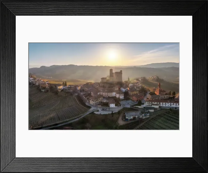 Framed Print : Aerial view of the medieval town of Serralunga D'Alba and its castle. Serralunga D'Alba, Barolo wine region, Langhe, Piedmont, Italy Framed Print : Aerial view of the medieval town of Serralunga D'Alba and its castle. Serralunga D'Alba, Barolo wine region, Langhe, Piedmont, Italy