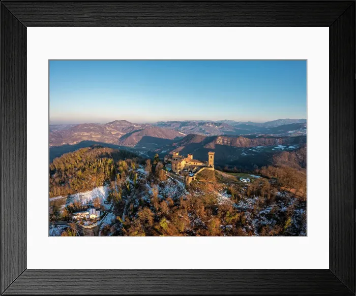 Framed Print : Winter aerial view of the castle San Lorenzo in the Alessandria hills at sunset. Pozzol Groppo, Alessandria province, Piedmont, Italy Framed Print : Winter aerial view of the castle San Lorenzo in the Alessandria hills at sunset. Pozzol Groppo, Alessandria province, Piedmont, Italy