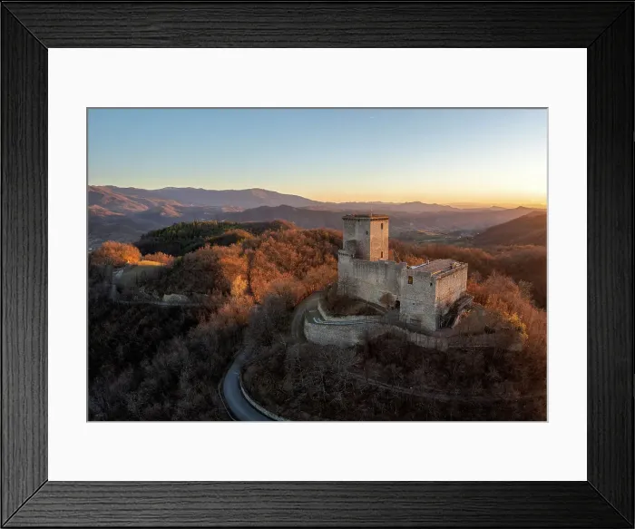 Framed Print : Aerial view of the castle of Oramala at sunset. Varzi, Oltrepo wine region, Oltrepo pavese, Lombardy, Italy Framed Print : Aerial view of the castle of Oramala at sunset. Varzi, Oltrepo wine region, Oltrepo pavese, Lombardy, Italy