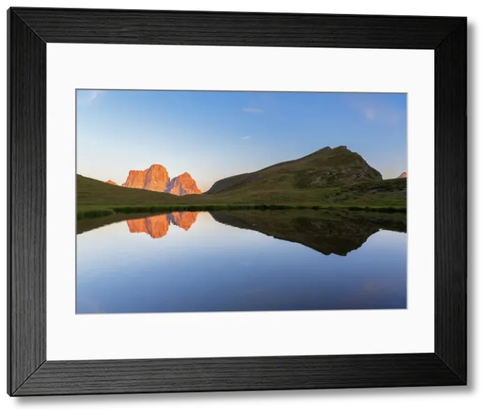 Framed Print : Mount Pelmo reflecting in the calm water of the lake of Baste, Mondeval flat, Cadore valley, Cortina d'Ampezzo, Dolomites, Veneto, Italy Framed Print : Mount Pelmo reflecting in the calm water of the lake of Baste, Mondeval flat, Cadore valley, Cortina d'Ampezzo, Dolomites, Veneto, Italy