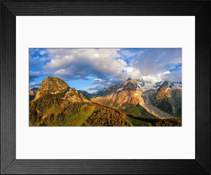 Framed Print : Panoramic aerial view of Mont Blanc at Val Ferret. Ferret Valley, Courmayeur, Aosta Valley, Italy