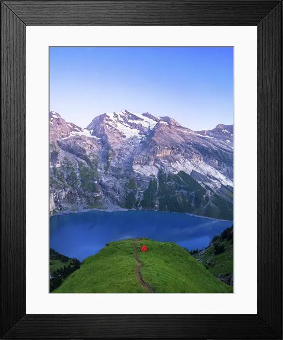Framed Print : A lone tent on top of a hill surrounding the lake of Oeschinensee at dusk, Bernese Oberland, Kandersteg, Switzerland Framed Print : A lone tent on top of a hill surrounding the lake of Oeschinensee at dusk, Bernese Oberland, Kandersteg, Switzerland