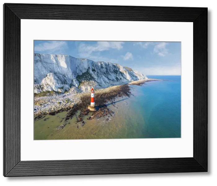 Framed Print : Beachy Head lighthouse and chalk white cliffs, aerial view, Seven Sisters Country Park, East Sussex, England, United Kingdom Framed Print : Beachy Head lighthouse and chalk white cliffs, aerial view, Seven Sisters Country Park, East Sussex, England, United Kingdom