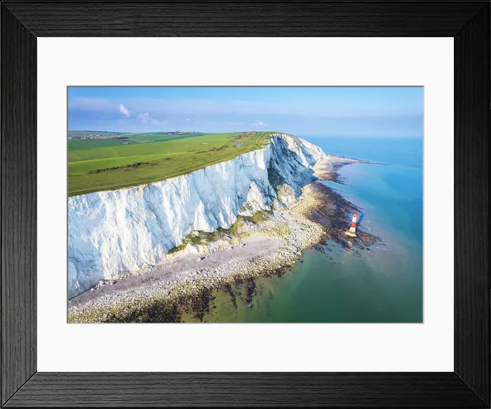 Framed Print : Beachy Head lighthouse and chalk white cliffs, aerial view, Seven Sisters Country Park, East Sussex, England, United Kingdom Framed Print : Beachy Head lighthouse and chalk white cliffs, aerial view, Seven Sisters Country Park, East Sussex, England, United Kingdom