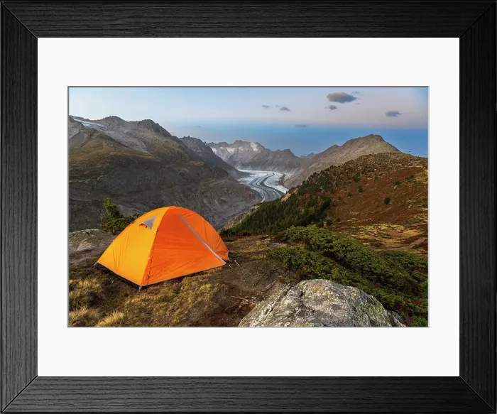 Framed Print : Tent of hiker standing on top of a hill overlooking the Aletsch glacier, Riederalp, Bernese Alps, Valais canton, Switzerland Framed Print : Tent of hiker standing on top of a hill overlooking the Aletsch glacier, Riederalp, Bernese Alps, Valais canton, Switzerland