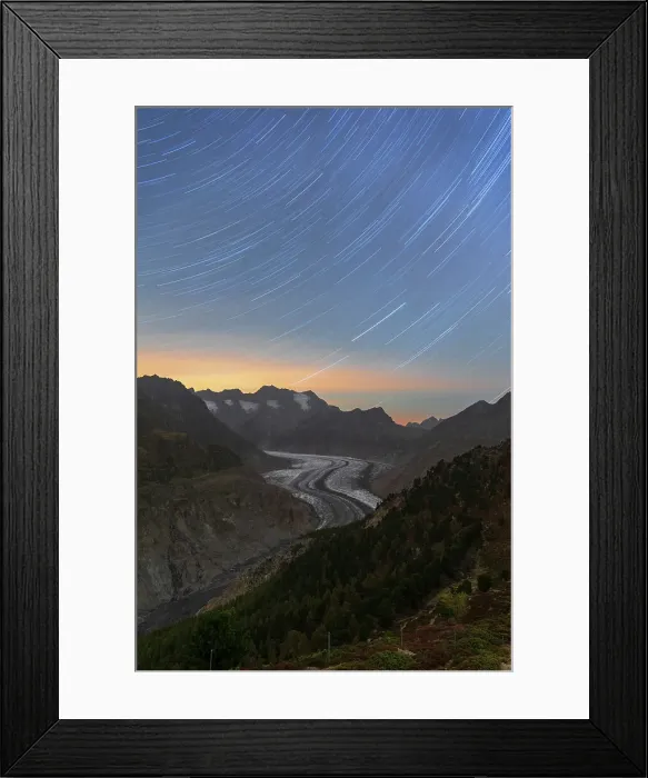 Framed Print : Star trail above the glacial tongue of the Aletsch glacier, Bernese Alps, Valais canton, Switzerland Framed Print : Star trail above the glacial tongue of the Aletsch glacier, Bernese Alps, Valais canton, Switzerland