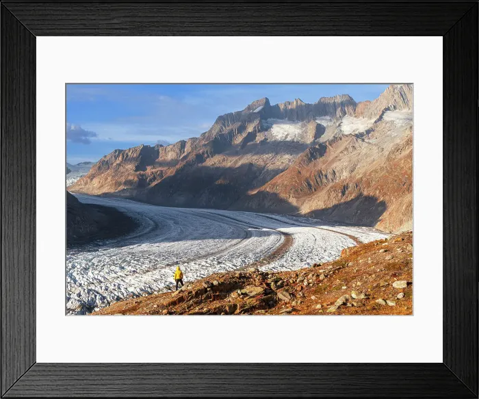 Framed Print : A man admiring the Aletsch glacier from above, Bernese Alps, Valais canton, Switzerland (MR) Framed Print : A man admiring the Aletsch glacier from above, Bernese Alps, Valais canton, Switzerland (MR)