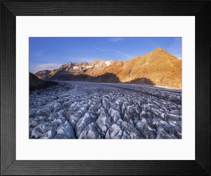 Framed Print : Aerial view of the Aletsch glacier and the crevasses at sunset, Bernese Alps, Valais canton, Switzerland Framed Print : Aerial view of the Aletsch glacier and the crevasses at sunset, Bernese Alps, Valais canton, Switzerland