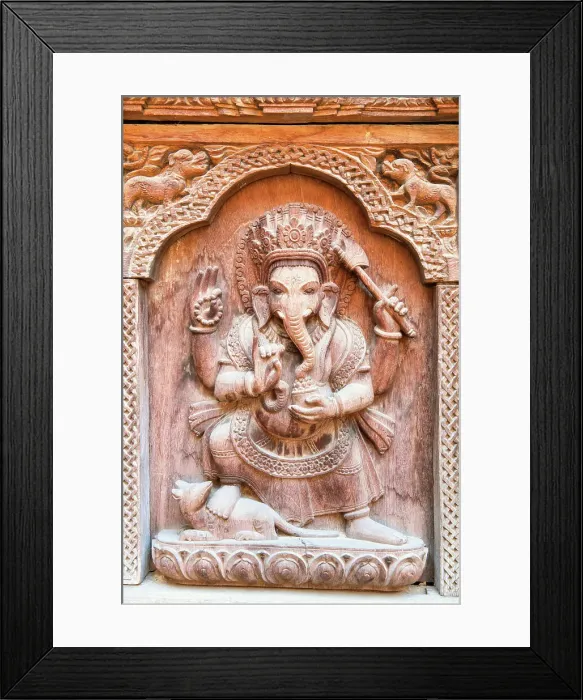 Framed Print : Nepalese Wooden Carving with Hindu God Ganesha (The Elephant God), Royal Palace in Patan, Kathmandu valley, Nepal, Asia Framed Print : Nepalese Wooden Carving with Hindu God Ganesha (The Elephant God), Royal Palace in Patan, Kathmandu valley, Nepal, Asia
