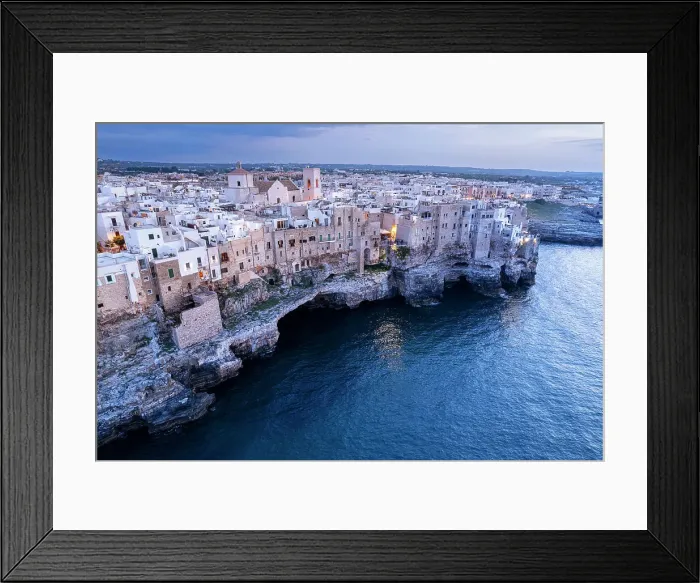 Framed Print : Polignano a mare at dusk, drone view, Polignano a Mare, Bari province, Apulia, Italy Framed Print : Polignano a mare at dusk, drone view, Polignano a Mare, Bari province, Apulia, Italy